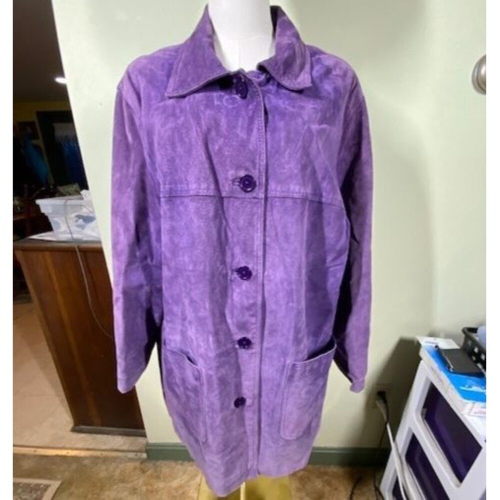 Vintage Via Accenti Leather Duster Jacket Women Sz A8 Purple Lined Western Suede